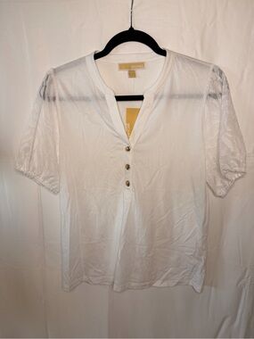 Michael Kors White Short-Sleeve Henley with Sheer Floral Sleeves